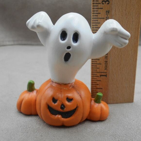 Ghost Popping Out of Pumpkin Trio Vintage Halloween Ceramic 2.5" Hand Painted - Picture 2 of 8
